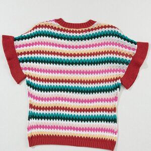 Fiery Red Trimmed Ruffle Sleeve Colorful Textured Sweater